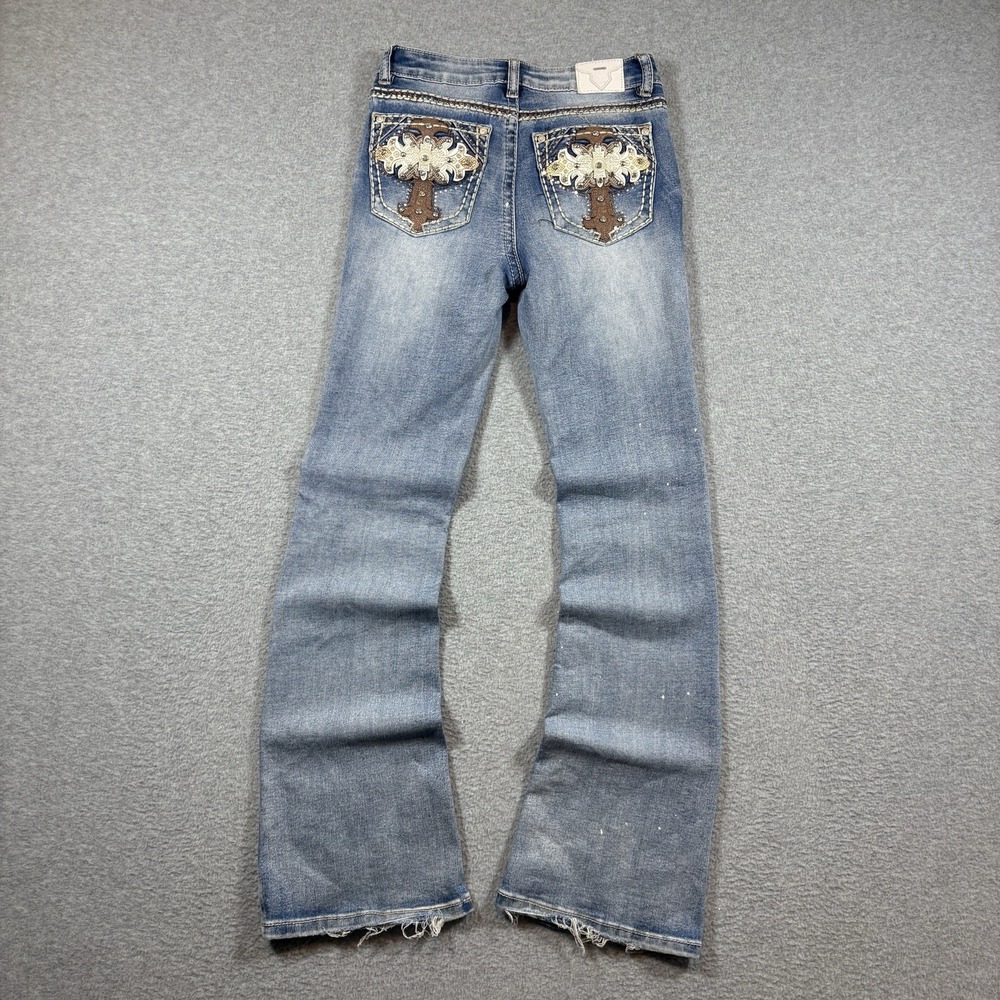 Sexy Couture Womens 14 26x30 Jeans Rhinestone Cross Pocket Y2K Bootcut Blue